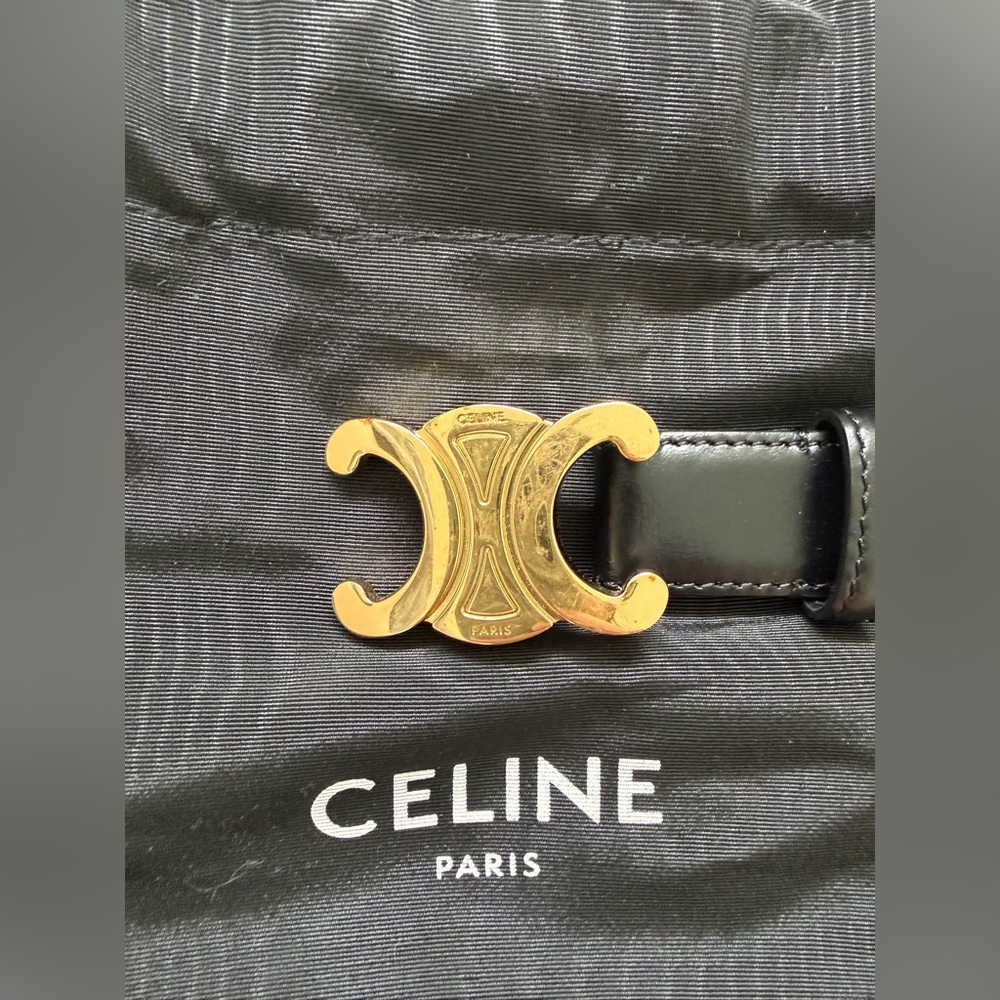 Celine Black Leather Belt with Gold Logo Buckle